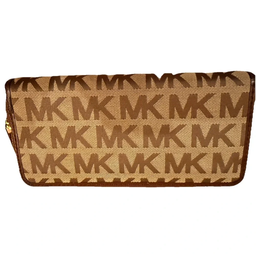 Michael Kors Jet‎ Set Wallet Continental Gold Logo Zip Around Beige Ebony Mocha